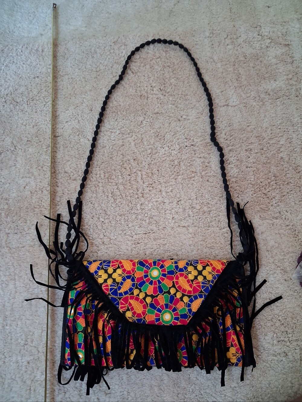 Embroidered Fringe Crossbody Bag - Black with Multicolor Floral Stitching - Picture 1 of 7